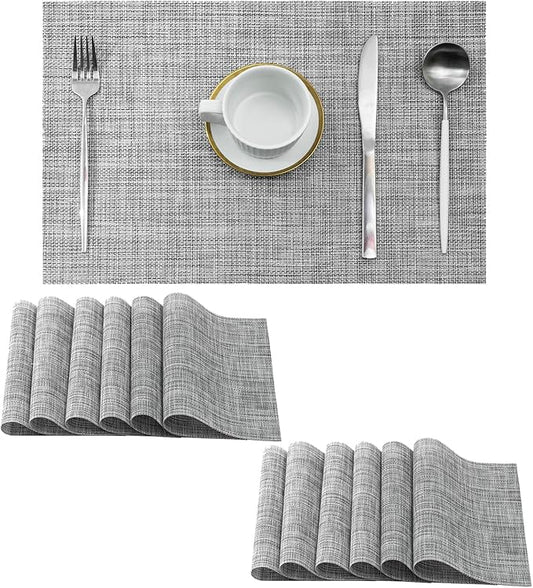 Leetaltree Linen Grey Placemats Set of 12 - Heat Resistant Non-Slip Place mats for Dining Table, Washable Durable PVC Vinyl Woven Table Mats(Linen Grey, 12)