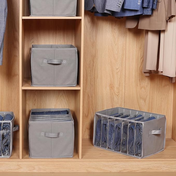 Zilink Upgraded Wardrobe Clothes Organizer with Support Board Clear Jeans Organizer for Closet with 7 Grids Divider Closet Drawer Organizer for Jean Pant Sweater Legging T-Shirt, 6 Pack, Grey