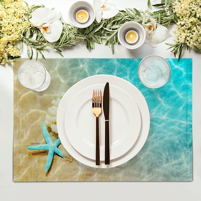 Giwawa Ocean Starfish Placemats Set of 4, Nautical Seashell Coral Coastal Linen Table Place Mats for Kitchen Dining Summer Aquatic Life Decoration, Non-Slip Heat-Resistant Washable, 12" x 18"