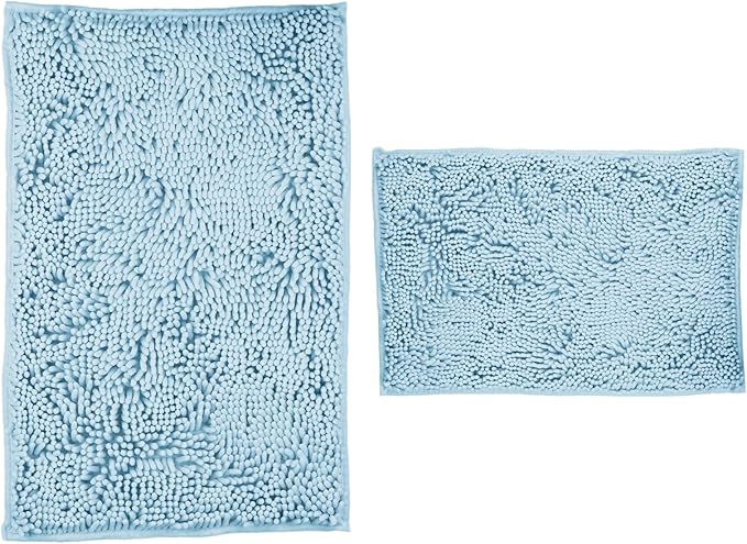 Bathroom Rugs 2 Pieces Chenille Bath Rug Mat, Extra Thick and Soft Absorbent Bath Rugs, Machine Washable, Non-Slip Plush Bath Mats for Tub, Shower, Room, (Light Blue, 32"x20"+24"x16")
