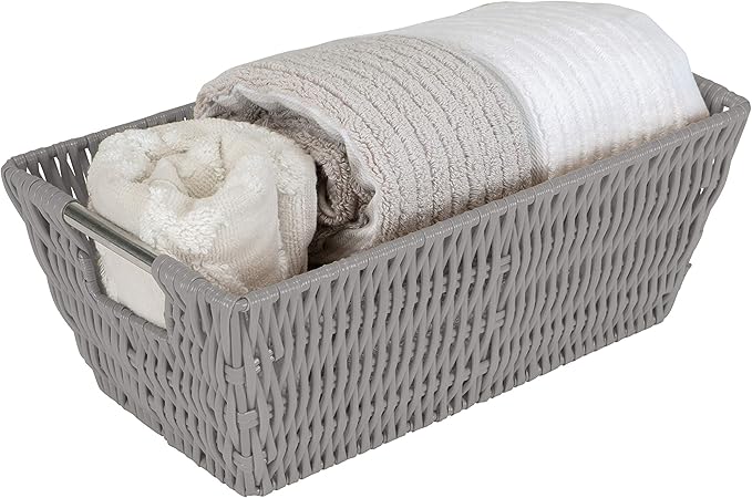 Simplify 11"x6.5"x4.5" Small Shelf Storage Woven Basket with Handles, Nursery, Playroom, Toys, Bedroom, Closet, Clothes, Office, Decorative Rattan Totes, Grey