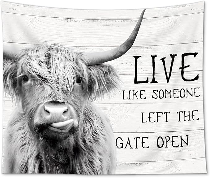 AMBZEK Funny Highland Cow Tapestry 51Hx59W Inch Rustic Farmhouse Western Inspirational Quotes Wood Bull Cattle Barn Farm Animal Wildlife Country Art Wall Hanging Bedroom Living Room Dorm Decor Fabric
