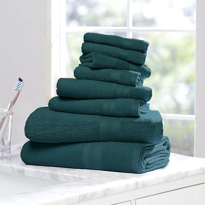 BOUTIQUO 8 Piece Towel Set 100% Ring Spun Cotton, 2 Bath Towels 27X54, 2 Hand Towels 16X28 and 4 Washcloths 13X13 - Ultra Soft Highly Absorbent Machine Washable Hotel Spa Quality - Teal