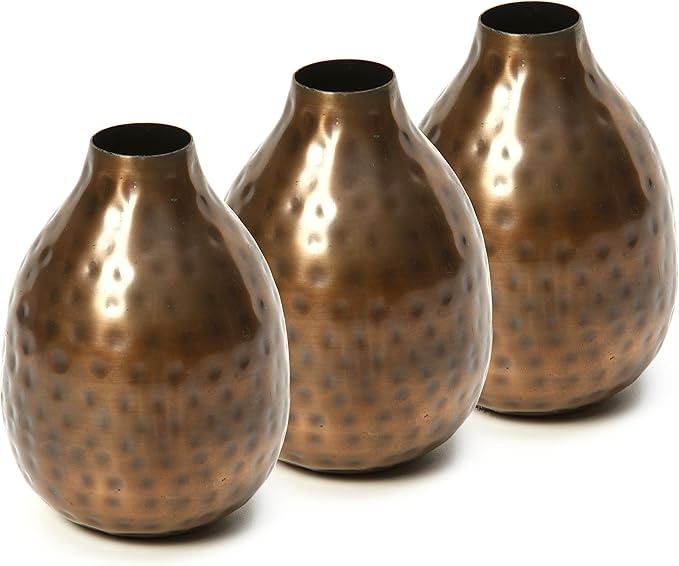Hosley Set of 3 Metal Bud Vases - Your Choice of Colors. 4.5 Inch High. Ideal Accent Piece for Coffee and Side Tables as Well as Dried Floral Arrangements (3-Antique Bronze Finish)
