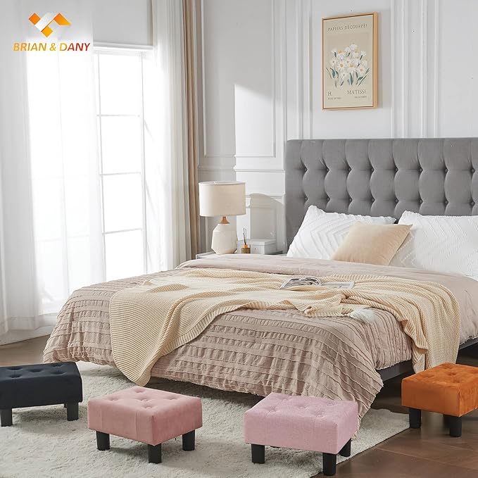 BRIAN & DANY Small Foot Stool, Linen Foot Stools with Legs, Stable Small Footstool for Living Room, Pink