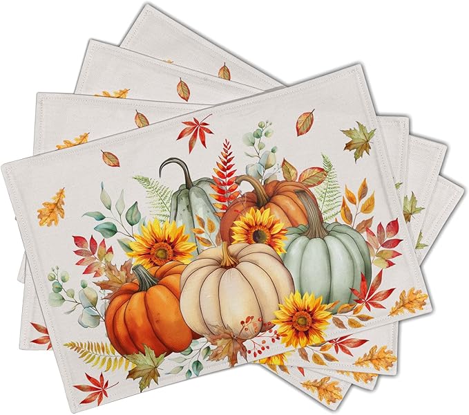 Pumpkins Maple Leaves Placemats Set of 4 Sunflowers Autumn Thanksgiving Table Mats 12 x 18 Inch Farmhouse Decoration for Party Dining Kitchen