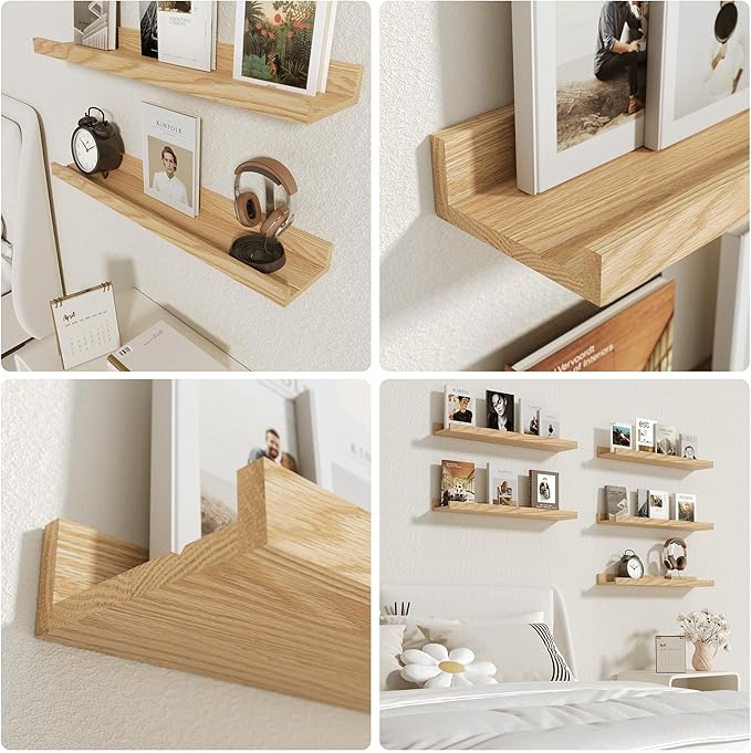 Oak Floating Shelves Wall Mounted Set of 2, Rustic Large Wall Shelves for Storage with Lip, Display Picture Ledge with Lip for Storage, Bedroom, Living Room, Bathroom,Nursery Display