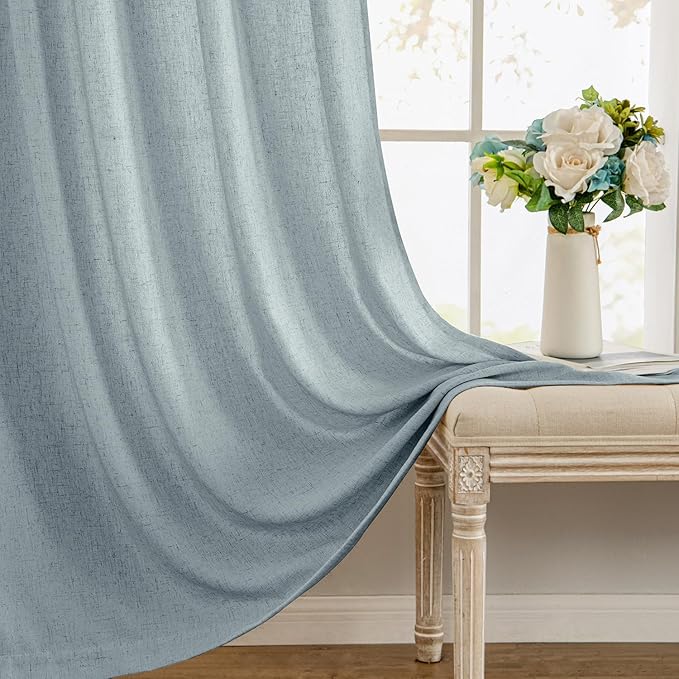 MIULEE Non-See-Through Privacy Linen Curtains 2 Panels, Light Filtering Window Curtains Farnhouse Textured Back Tab Semi Sheer Drapes for Bedroom Living Room, 52 x 90 Inches Long, Stone Blue