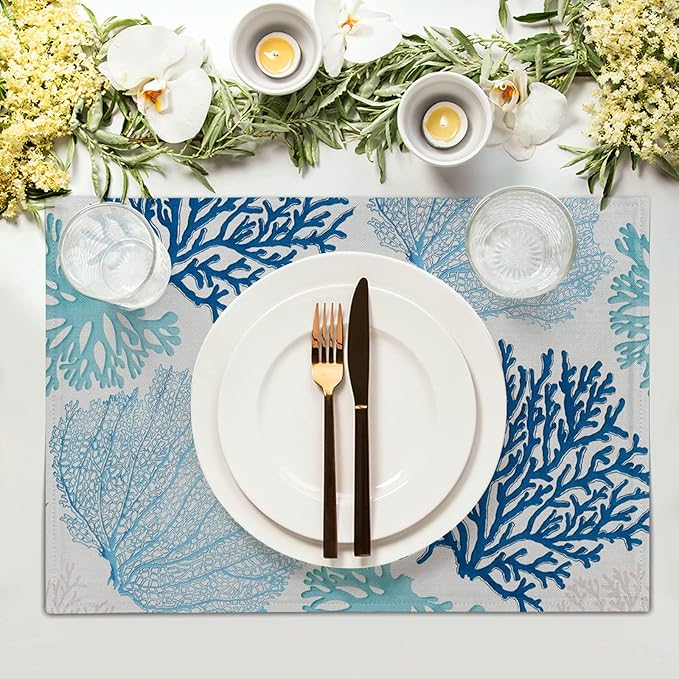 Giwawa Ocean Coral Placemats Set of 4 Summer Blue White Coral Reef Linen Table Place Mat Nautical Sea Marine Seaweed Heat-Resistant Place Mats for Dining Kitchen 12"x18"