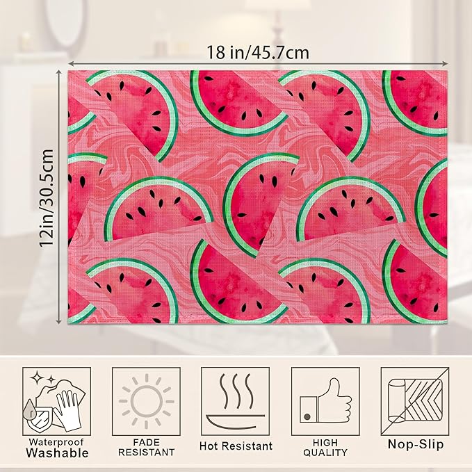 Placemats,Watermelon Pink Marble Placemats 12x18 Inch Waterproof Non-Slip Washable Table Mats for Kitchen Dining Party Table Decor,Set of 6