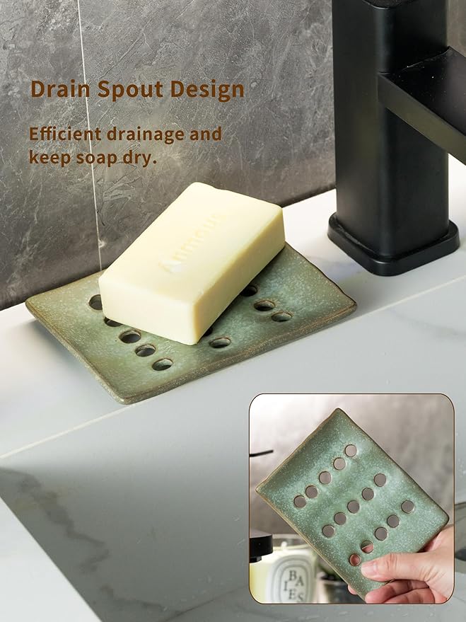 Ceramic Soap Dish with Self Drain for Shower, Bar Soap Holder to Lift and Keep Dry, Concave Design to Prevent Slipping, Suitable for Kitchen and Bathroom, Green