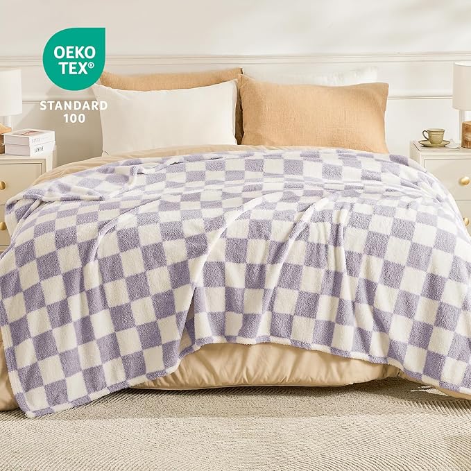 EMME Checkered Blanket Throw - 50"x60" Lavender Knit Blanket Soft Fluffy Patterned Throw Blankets for Couch, Sofa, Chair, Bed, Camping, Picnic, Travel
