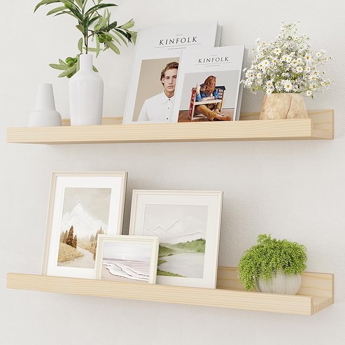 Picture Ledge Shelf, Solid Pine Wood Rustic Floating Shelves for Wall, 24 Inch Floating Shelves with Lip for Bedroom Kitchen Living Room Nursery Display Wall Decor, Set of 2 (Natural)