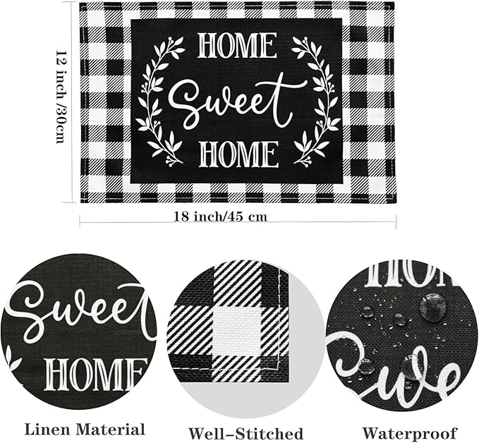 Buffalo Plaid Placemats Set of 8, Black White Farmhouse Placemats - Linen Washable Heat Resistant Waterproof Place Mats for Ktichen Dining Table 18 X 12 Inch, Plaid