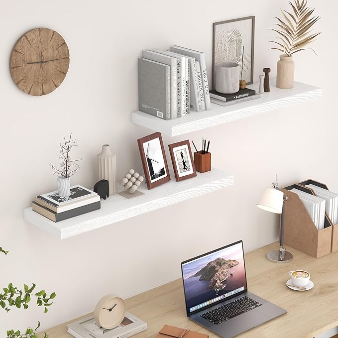 Floating Shelves White 36 Inch Long, 9.3" Deep Floating Shelf Wall Mounted, Rustic Deep Bookshelf, Large Display Storage Shelves for Bathroom, Bedroom, Kitchen, 36"W x 9.3"D x 1.5"H, Set of 2