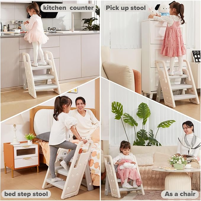 Folding Toddler Step Stool for Bathroom Sink,Adjustable 3 to 2 Step Stools for Toilet Potty Training,Sturdy Kids Step Stool for Kitchen Counter with Handle,Dark Grey