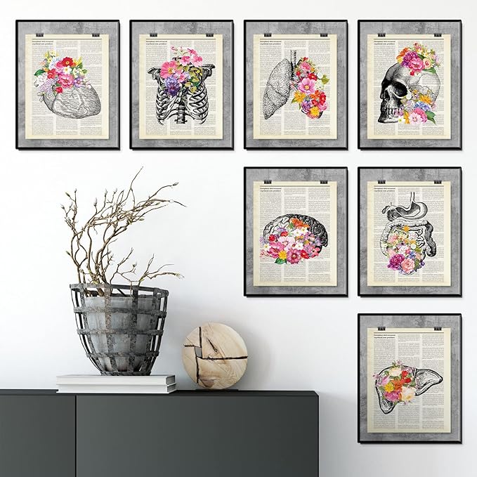 Jetec 12 Pieces Medical Dictionary Art Set 8 x 10 Inch Anatomy Decor Vintage Anatomical Posters Vintage Floral Human Wall Decor for Doctor Office Clinic Gift for Nurses Med