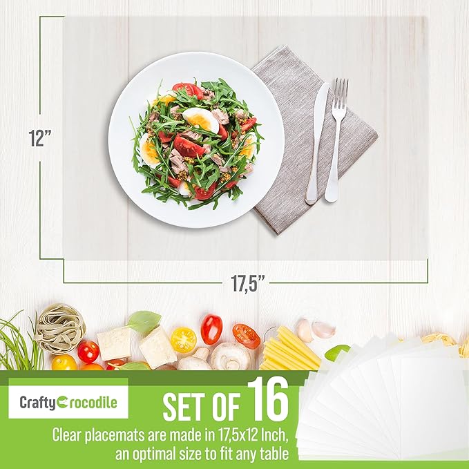 CraftyCrocodile Clear Plastic Placemats Set of 16 - Vinyl Table Protector for Dining, Kitchen, Office, Painting Table, Shelves - Heat Resistant, Crystal Clear, Wipeable Place Mats - 17.5x12