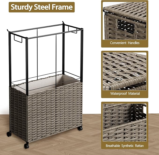 Rolling Laundry Hamper with Wheels and Lid, 90L Slim Laundry Basket with Removable Bag, Foldable Handwoven Rattan Laundry Sorter, Narrow Dirty Clothes Basket Organizer, No Assembly, Grey