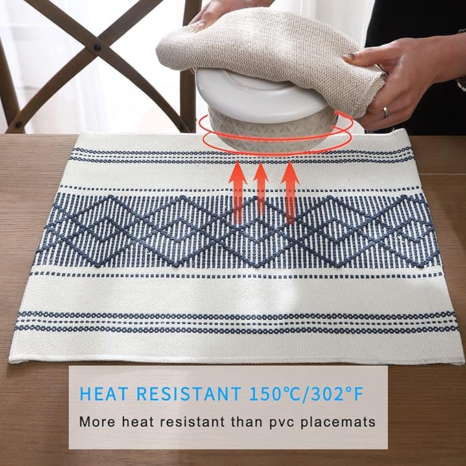 LUFEIJIASHI Elegant Thick placemats for Dining Table Decor Farmhouse Heat Resistant Table Place mats Set of 4 Quality Woven Cloth Placemats Washable Dinner mats (Navy Blue, 4)