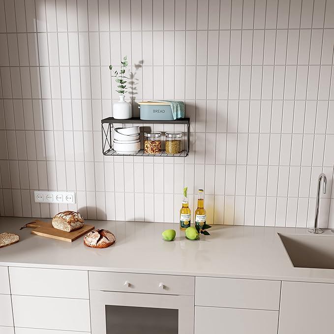 Bathroom Shelf with Wire Storage Basket, Floating Shelf Over Toilet with Protective Metal Guardrail, Wall Shelf for Bedroom, Living Room, Kitchen and Bathroom Toilet Paper