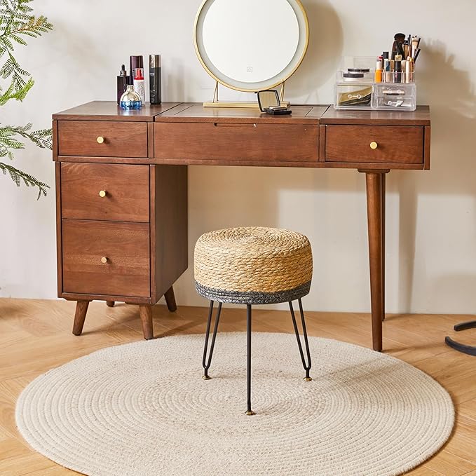 YMYNY Pouf Ottoman, Handmade Natural Water Hyacinth, Pastoral Style Footrest, Footstool with 4 Metal Legs Round Vanity Stool for Bedroom, Hallway, Living Room 12.59"L×12.59"W×17.71"H Black UHBD029B