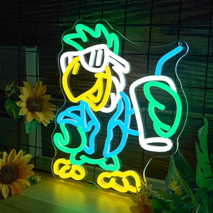 Parrot Neon Sign Animal Neon Lights for Wall Decor USB Powered Dimmable LED Decor for Man Cave Tiki Bar Tropical Themed Room Perfect Hawaiian Themed Party Birthday(12.6x10.9inch)
