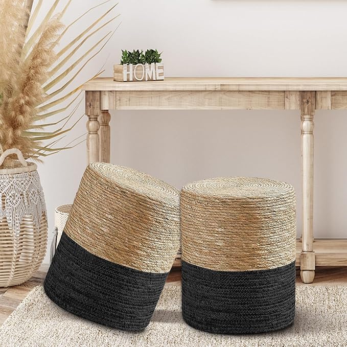 Cplxroc Pouf Ottoman, 100% Handwoven Seagrass Braided Pouffe, Boho Decor Floor Chair for Couch or Desk, Outdoor Ottomans for Garden, Round Footrest with Wood Frame, Home Decorative Seat for Balcony
