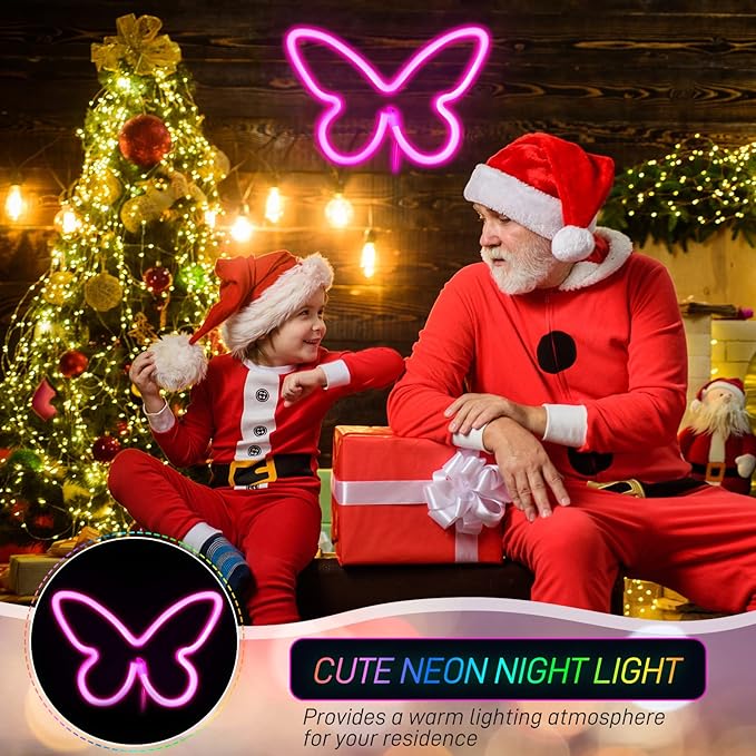 Riakrum 2 Pcs Butterfly Neon Signs LED Light 3AA Battery Powered USB Operated Wall Neon Light Decor Butterfly Wall Art for Christmas Home Bedroom Birthday Party Decor(Pink)