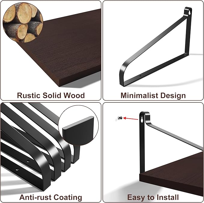 Love-KANKEI Floating Wall Shelves Mount Solid Wood with Enough Storage L16.5 x W12 inch for Kitchen Living Room Bathroom Bedroom Set of 2 Dark Walnut