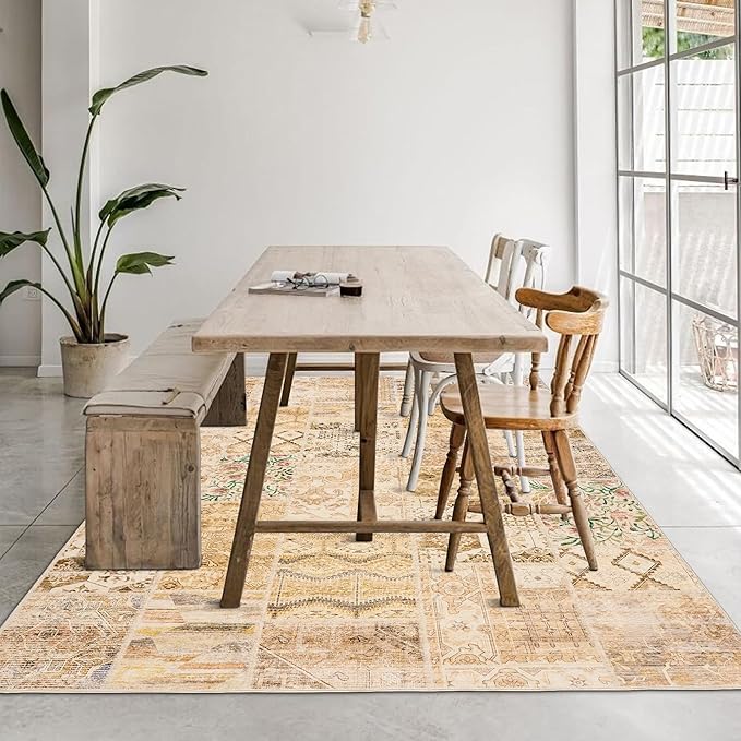 Area Rug 6x9 for Living Room,Washable Stain Resistant Geometric Boho Rugs for Dining Room Table,Light Tan Beige Brown and Blush Pink Green