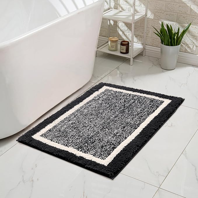 CozeCube Bath mats for Bathroom Non Slip, Fluffy Shaggy Bath Rugs for Bathroom Washable, Extra Soft and Absorbent Microfiber Bath Rugs for Shower Sink, Kitchen Sink, Jet Black, 16" x 24"