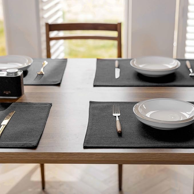 Demetex Cloth Placemsts Set of 6 Black Stain Resistaint Place Mats Oil Proof Washable Plate Mats for Dining Table Holiday Cafe Banquet, Black