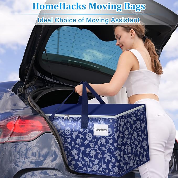 HomeHacks Moving Bags, Extra Large Size Moving Boxes, Heavy Duty Luggage Bags with Smooth Zipper and Sturdy Handles, Large Capacity & Easy Loading Storage Totes for Space Saver 125L, 8-Pack, Blue