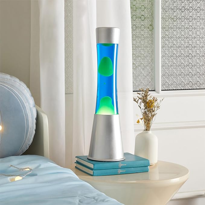 15.43" Cylinder Glow Lamp with Silver Base, Blue Liquid and Green Wax, Novelty Lamp and Home Décor for Adults, Teens and Kids