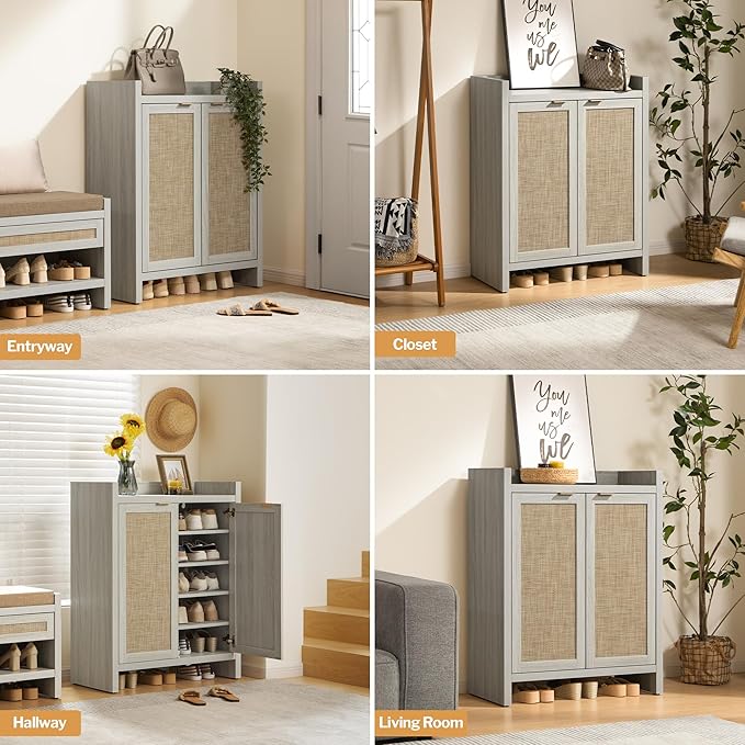 SICOTAS Shoe Cabinet Set of 3, Large Capacity Shoe Storage Organizer Cabinet, Tall Rattan Shoe Cabinet with Doors and Shelves, 6-Tier Farmhouse Wooden Storage Cabinet for Entryway, Whitish-Gray Oak