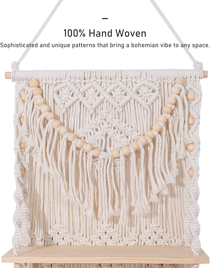 Macrame Wall Hanging Shelf for Wall Decor 3 Tiers Handmade Boho Wall Floating Shelf Hanging Plant Hanger Organizer with Wood Beads for Aesthetic Bedroom Living Room Decor