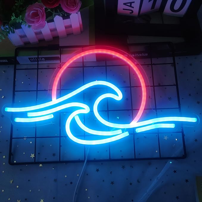 Sunrise Sunset Neon Sign Dimmable Wave Tropical Sunrise Ocean Neon Sign Surf Room Decor for Living Room Bedroom Office Bar Birthday Party Christmas (Ice blue,Red)
