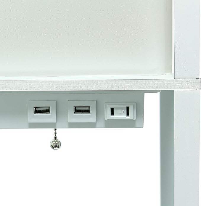 Simple Designs LF1037-WHT Floor Lamp Etagere Organizer Storage Shelf with 2 USB Charging Ports, 1 Charging Outlet and Linen Shade, White
