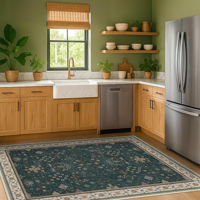 Dark Green 4x6 Living Room Rug - Modern Vintage Boho Floral Forest, Washable Low Pile Non-Slip Area Rugs for Door Mat Entrance, Mudroom, Kitchen, Bedroom Beside Bed, Office