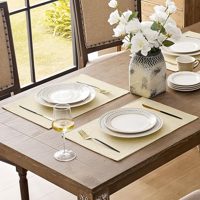 Romanstile Cloth Placemats Set of 8-12 x 18 Inch, Heat Resistant Double Layered Thickened Burlap Place Mats, Washable Linen Farmhouse Table Mats for Kitchen/Dining/Party/Outdoor, Cream