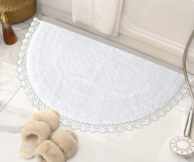 Half Circle Bohemian Bathroom Rug with Handwoven Chrochet Border, Beautifully Handcrafted 100% Cotton Mat - 22x42 inch, Round Boho Bedroom Rug, Boho Bathroom Décor, Machine Washable - White