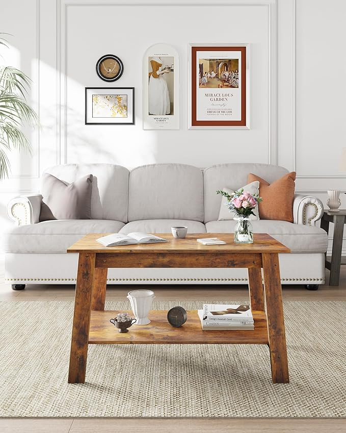 2-Tie Coffee Table, Rustic Wood Living Room Tables with Open Rectangular Storage Compartment, Coffee Tables for Living Room, Outdoors, Home Office, Bedroom, Retro Brown