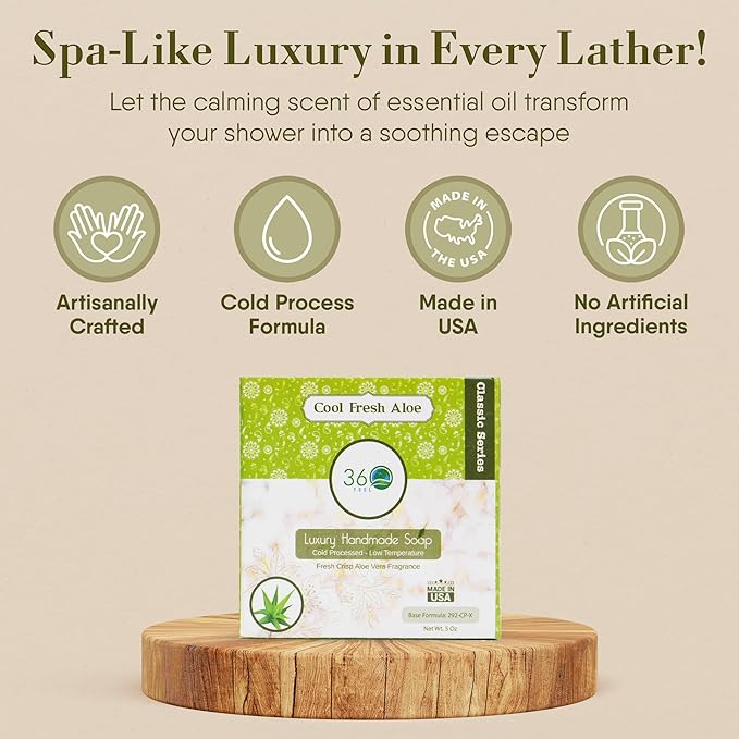 360Feel Cool Fresh Aloe Soap - Handcrafted Castile Bar Soap with Soothing Scent - Handmade with Essential Oils - Ideal Gift for Anniversaries, Weddings, and Holiday Stockings - Rich Lather - 5 Ounce