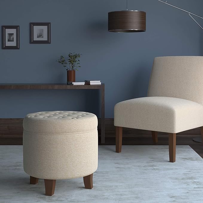 Homepop Home Decor Upholstered Round Tufted Foot Rest Ottoman Ottoman with Storage for Living Room & Bedroom Decorative Home Furniture, Twine Small
