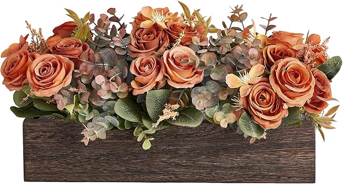 Dahey Centerpiece Table Decorations for Dining Room Farmhouse Living Room Table Centerpieces Decor Wood Tray with 3 Artificial Flowers and 2 Eucalyptus for Kitchen Table, 14.1" x 4.7" x 3.1", Orange
