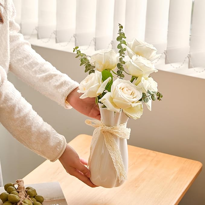 White Ceramic Flower Vase, 8'' Modern Decorative Vases Minimalism Boho Vases for Home Decor, White Vase for Table Centerpieces Living Room Office Wedding Farmhouse Decor