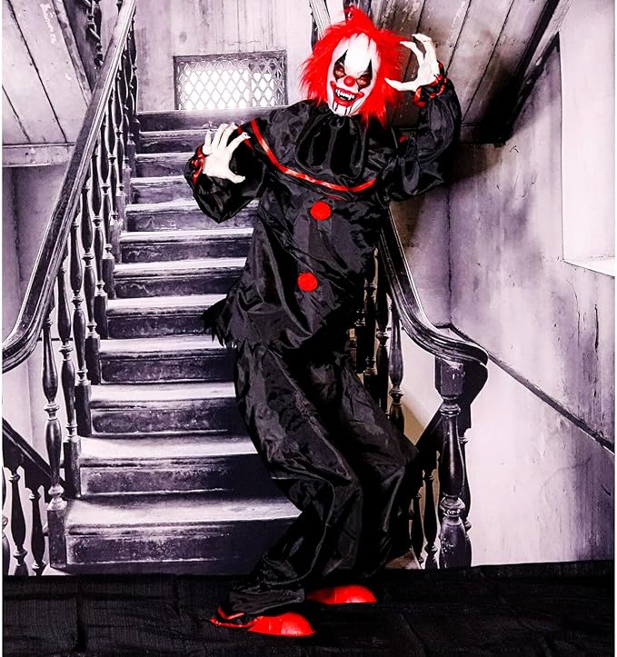 Haunted Hill Farm Life-Size Talking Clown Halloween Animatronic with Touch Activated Lights and Sound, Indoor or Covered Outdoor Scary Halloween Decorations, Battery Operated Fright Props