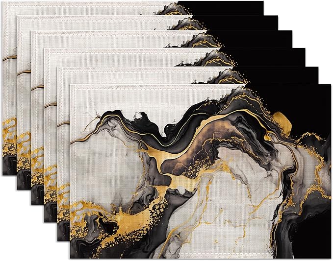 White Black Placemats Set of 6,Washable Heat Resistant 12×18 Inch Linen Table Mats Golden Marble Place Mats for Party Outdoor Dining Décor
