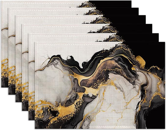 White Black Placemats Set of 6,Washable Heat Resistant 12×18 Inch Linen Table Mats Golden Marble Place Mats for Party Outdoor Dining Décor